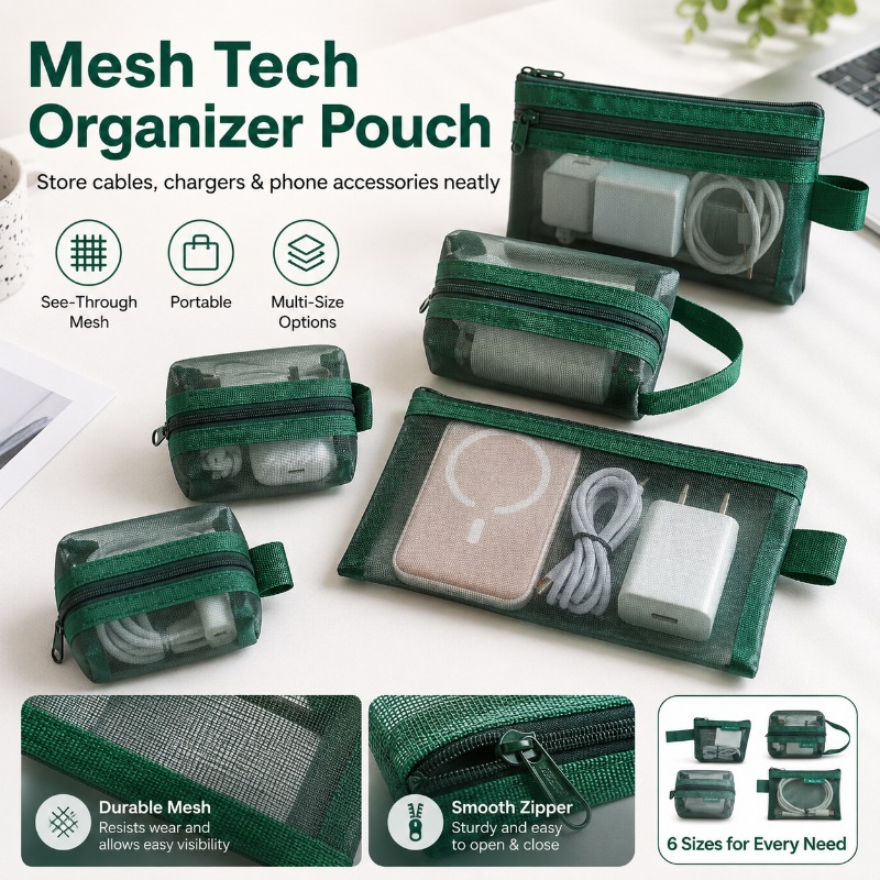 6PCS 메쉬 테크 오거나이저 파우치, 충전기, 이어버 - Tech Woven Accessories 리뷰 및 가격
